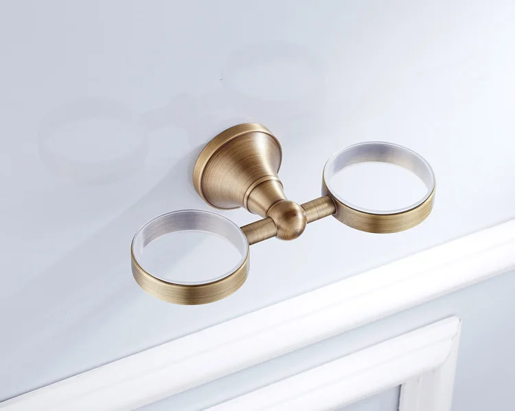 Antique Brass Ceramic Tooth Mug Tooth Gargle Cup with Brass Rack Holder Wall Mounted, with Two Ceramic Cups ZD887
