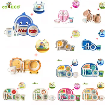 

6pcs/set children plate baby bamboo fiber tableware set Animal bamboo fiber plate Tableware with waterproof bibs 12 styles
