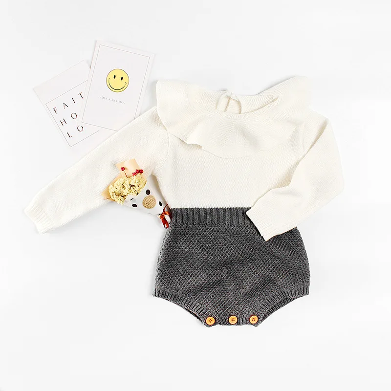 

Baby Girl Bodysuits Peter pan Collar Knitted Cotton Long Sleeve Princess Jumpsuit Kids Clothing