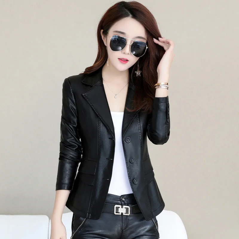 Новая модная мягкая куртка из искусственной кожи для женщин зима и осень размера плюс короткие мотоциклетные кожаные куртки женская верхняя одежда M-4XL - Цвет: Черный