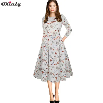 

Oxiuly Women Elegant Vintage Spring Autumn Dress White Printed Tunic Pinup Wear To Work Office Casual Party A Line Skater Dress