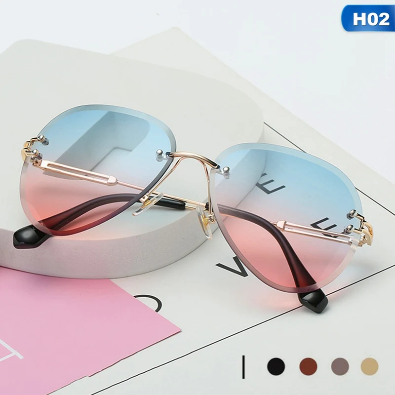 Солнцезащитные очки без оправы для женщин, фирменный дизайн, солнцезащитные очки, градиентные оттенки, режущие линзы, дамские бескаркасные металлические очки UV400 - Цвет линз: 2