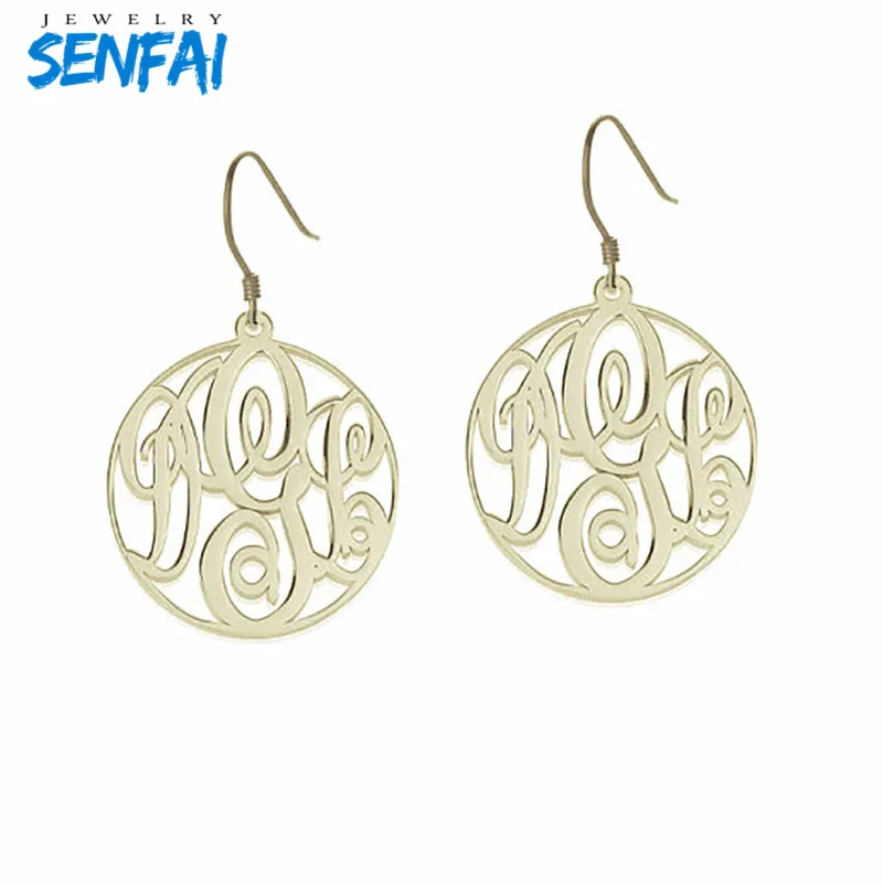 

Personalized Custom Earring Custom Monogram Initial Dangle Earrings Round Hollow 3 Letters Drop Earring for Women