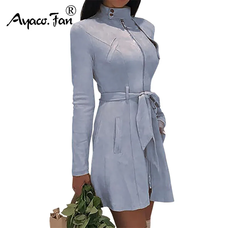 Koop 2019 Office Lady Faux Fluwelen Geul Herfst Winter Coltrui Vrouwen Stevige Rits Lange Jas Vrouwelijke Riem Slanke Wollen Blends Uitloper