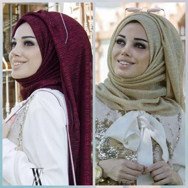 

LARRIVED NEW shimmer pleated hijab scarf Plain Pearl Bubble Polyester Glitter Shawl Scarf and Headband Arab Maxi Muslim Hijab