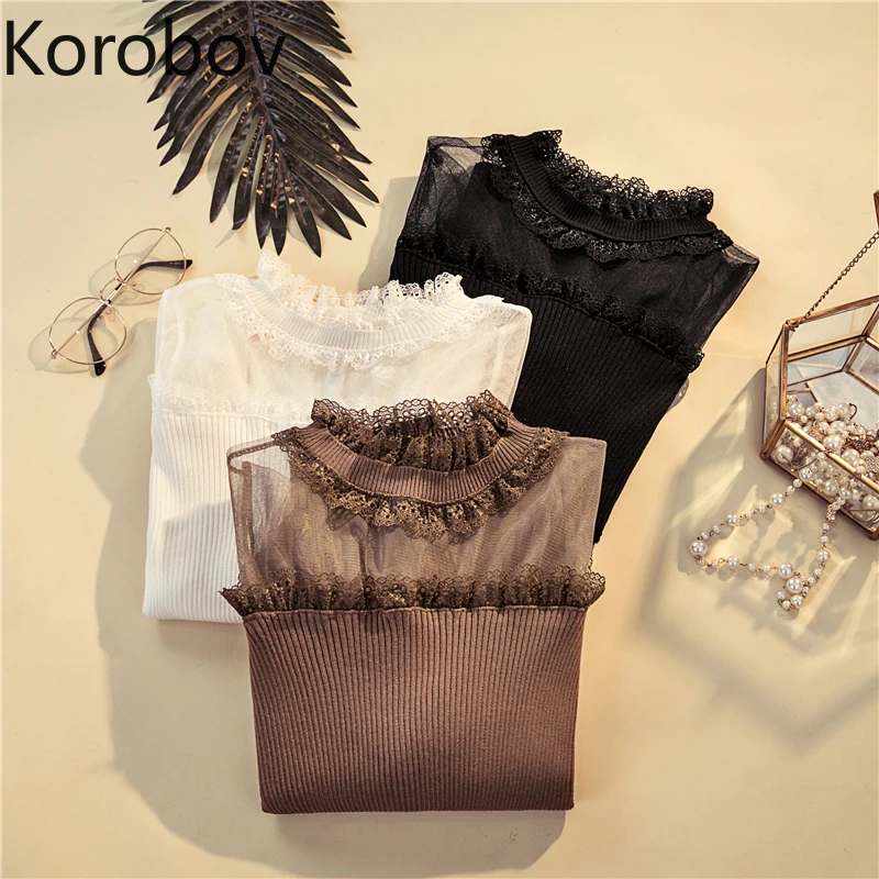 Korobov 2019 New Mesh Lace Patchwork Sweaters Korean Slim Hollow Out Knitted Pullovers Turtleneck Basics Sueter Mujer 78601 | Женская