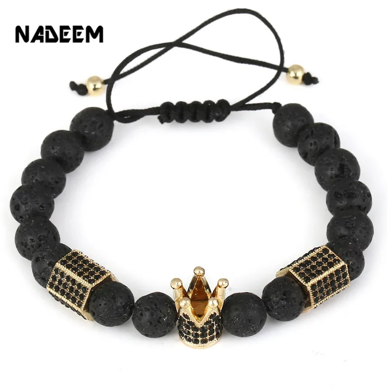 

NADEEM Newest Arrival Micro Pave CZ Crown Charm & Hexagonal Charm 8mm Lava Beads Braided Macrame Bracelet pulseira feminina