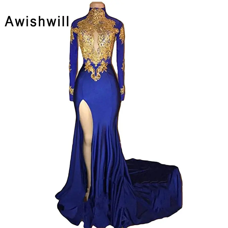 

Real Photos High Neck Long Sleeves Formal Evening Dresses Mermaid With Slit Spandex Sexy Party Prom Dress for Women