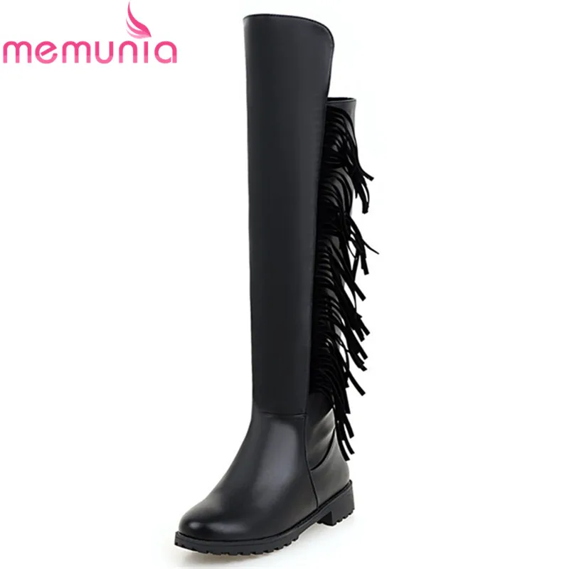 

MEMUNIA black brown low heels boots fashion solid color high quality pu over the knee boots fringe round toe big size 34-43
