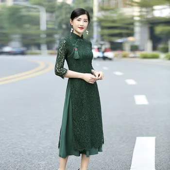 

2019 new winter Vintage Lace Long Vietnam aodai cheongsam