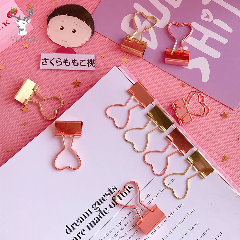 

20pcs Rose Gold Binder Clips Papelaria Hollow Out Heart Shape Metal Binder Clips Photos Tickets Notes Letter Paper Clips