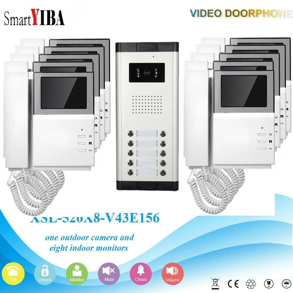 

SmartYIBA Wired 4.3"Color Video Camera Doorbell Phone HOME WIRELESS PHONE INTERCOM System with 10 Monitors for multi Apartments