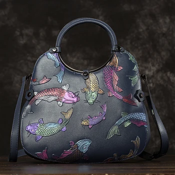 

High Quality Real Cowhide Embossed Handbag Tote Messenger Bag National Style Red Fire Fish Genuine Leather Women Shoulder Bags
