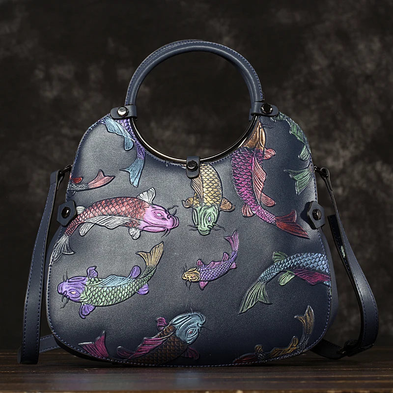

Natural Skin Tote Messenger Bag Embossed Handbag National Style Red Fire Fish Genuine Leather Women Cross Body Shoulder Bags