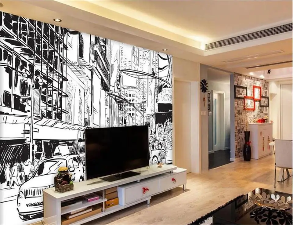 

custom 3d photo wallpaper mural Black and white line drawing city landscape Painting photo wallpaper Living room non-woven mural