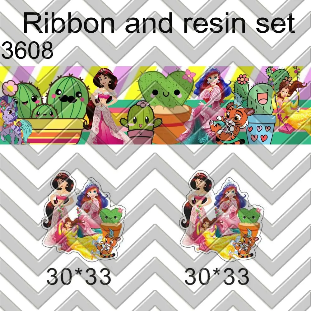 

7/8inch 100yard ribbon and 100pcs resin 1 set printed cartoon printed ribbon and resin RTS3608