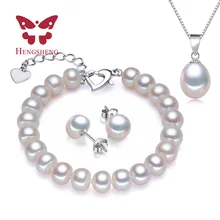 HENGSHENG Real Brazalete de Perlas Colgante Pendientes Tres Sistemas de La Joyería para Las Mujeres del Collar/Pendiente/Pulsera de La Joyería de la Boda