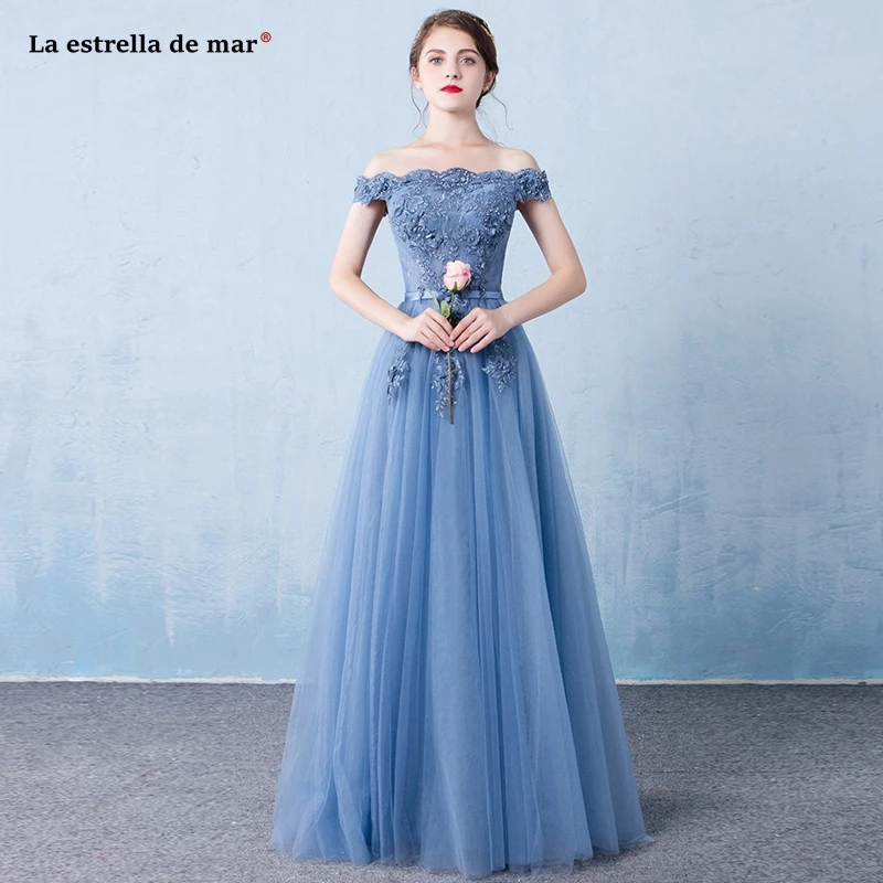 

Vestidos de dama de honor mujer2019 new lace beaded Boat Neck short sleeve A Line blue grey black wedding guest dress Floor-Leng
