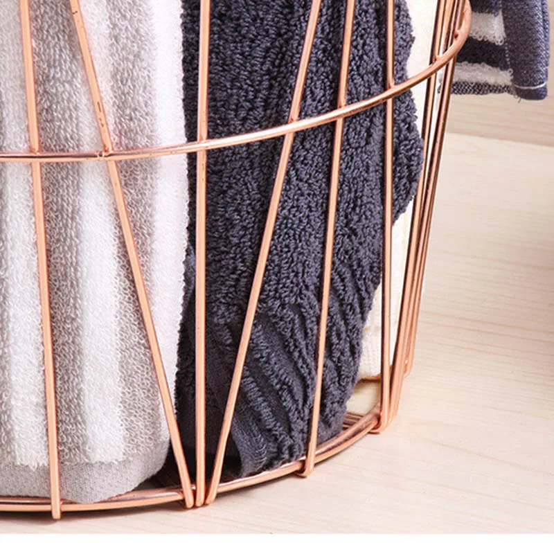 

Rose Gold Round Iron Wire Storage Basket with Handles for Kitchen Bathroom TT-best