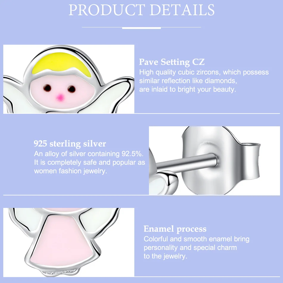 ELESHE Cute Children Jewelry 925 Sterling Silver Earrings Pink Enamel Angel Small Stud Earrings For Child Girls Baby Bijoux Gift
