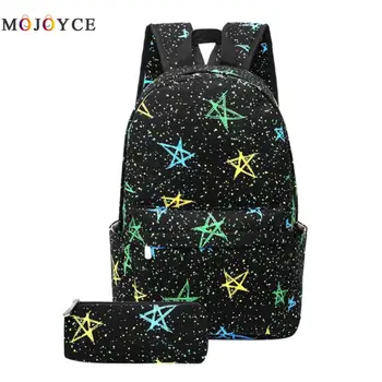 

2pcs/set Preppy Style Students Backpack Fashion Star Printed Canvas School Backpack with Pencil case