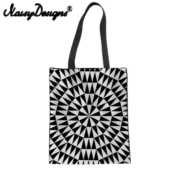

NOISYDESIGNS geometric patterns printed black and white Reusable Canvas Shopping Bags for Women Tote Folding Linen Eco Handbags