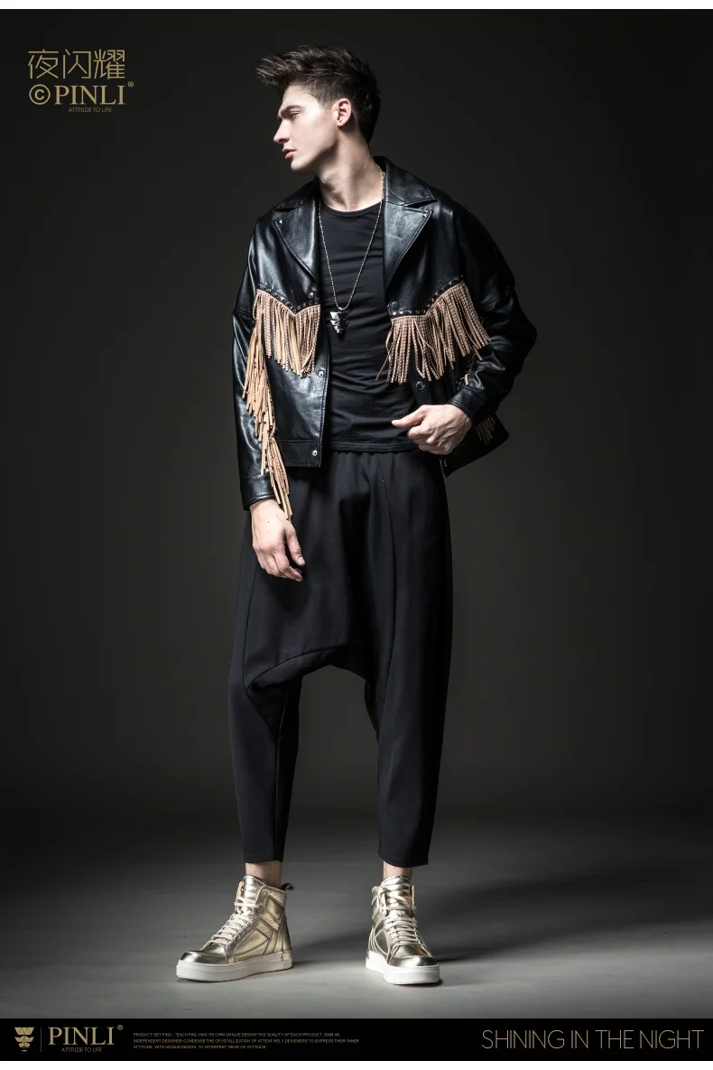 Новая модная Мужская Ночная блестящая черная осенняя куртка из искусственной кожи с кисточками BY183104059