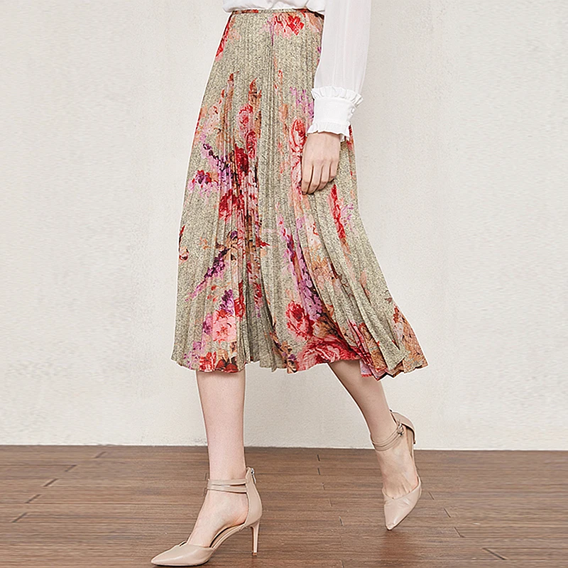 

Pleated Skirts Women Velour Polyester Blended Fabric Flower Printed Design Skirt Elegant Style Spring 2019 New Fashion