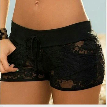 

2020 New Woman Safety Short Pants Transparent Lace Hollow Summer Women Short Pants Solid Color Black Low Waist Sexy Short Pants