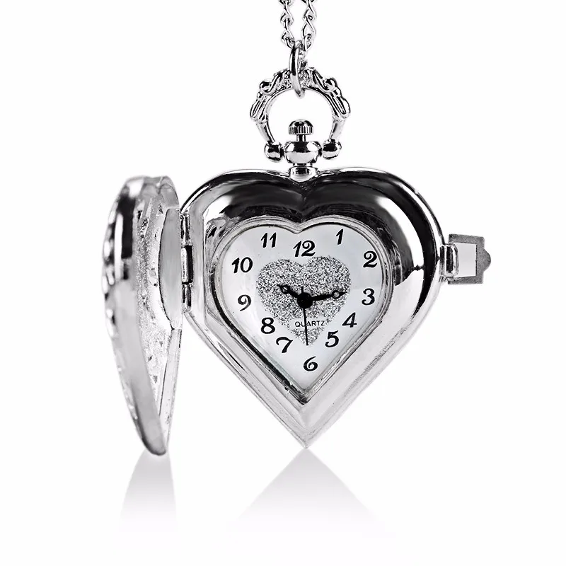 Модные Серебристый в форме сердца Прекрасный полые элегантный карманные часы Цепочки и ожерелья подвеска для девушки женщины подарок на