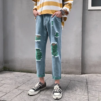 

2019 Summer Korean Version Of The New Men With A Bit Of Green Casual Trend Hole Nine Points Harajuku Solid Color Jeans