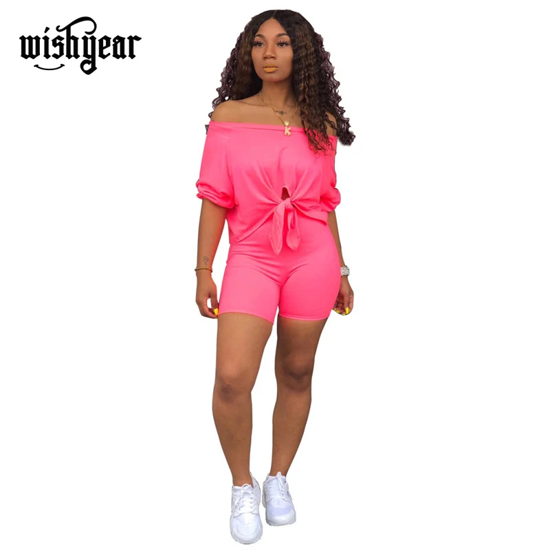 

Solid Color Summer 2 Piece Set Women Sexy 3/4 Sleeve Front Tie Up Hem Crop Top + Shorts Sporting Tracksuit Outfits Plus Size XXL