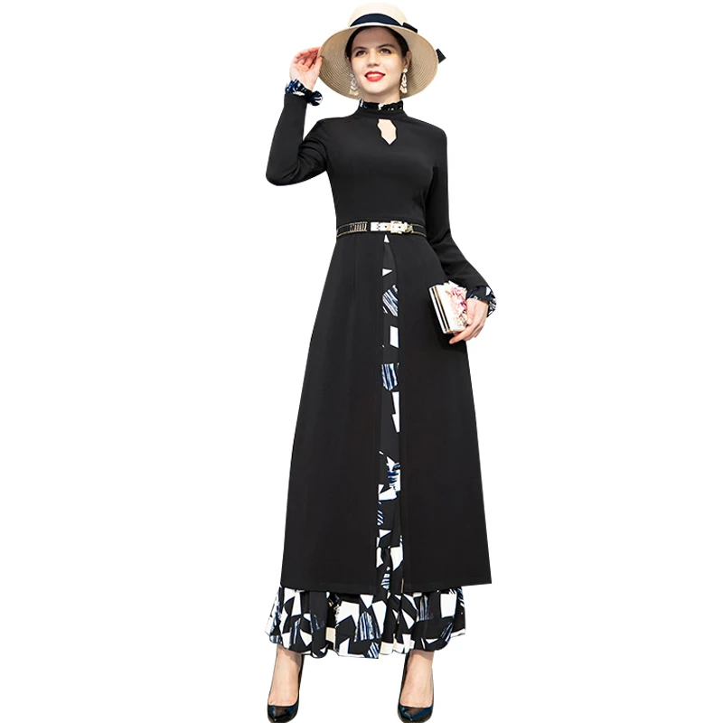 

Spring Vintage Long Dress Patchwork Office Lady Black Dresses Full Fit and Flare Gown Runway Dresses DZ1027