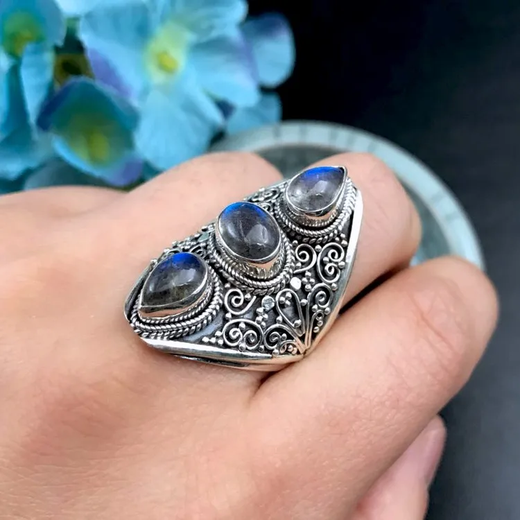 Непальская ручной 925 серебро, тибетский, Урожай кольцо, открытие, лабрадорит натуральный, кольцо, подарок на день рождения
