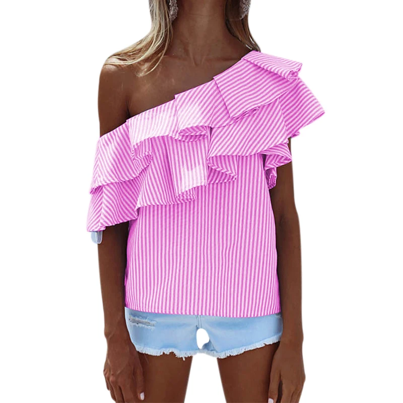 Fashion Striped Print One Shoulder Women Blouse Slash Neck Pink Tops Ruffled Vintage Ladies Blue blusas mujer de moda 2017 |