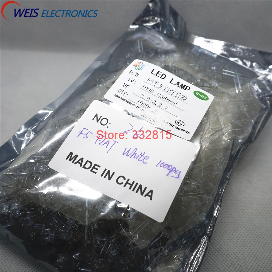 

1000PCS F5 WHITE LED DIP-2 5MM ( FLAT ) Water Clear LONG LEGS 3.0-3.2V 1000-1200MCD light emitting diode LAMP
