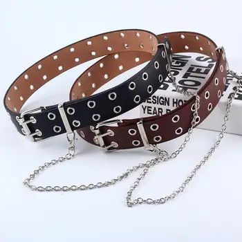 

Helisopus Punk Chain Belt for Women Double/Single Eyelet Grommet Leather Buckle Adjustable Women Belt Jeans Decoration