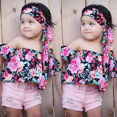 

1-6Y Newborn Kids Baby Girls Clothes Set Off Shoulder Floral Tops+Headband 2Pcs Outfits Children Summer Outfits