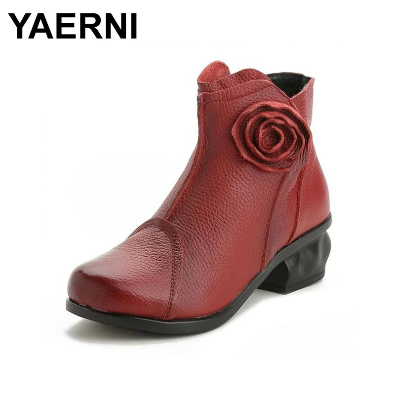 

YAERNI 2019 Autumn Women's Shoes Genuine Leather Ankle Mar Boots Women Middle-aged Shoes Black Gray Red Shoes E290