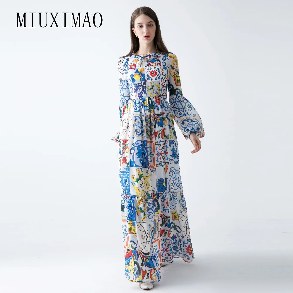 

Custom Plus Size Dress New Arrival O-Neck Full Flare Sleeve Print Blue and white porcelain Elegant Ankle-Length Long Dress Women