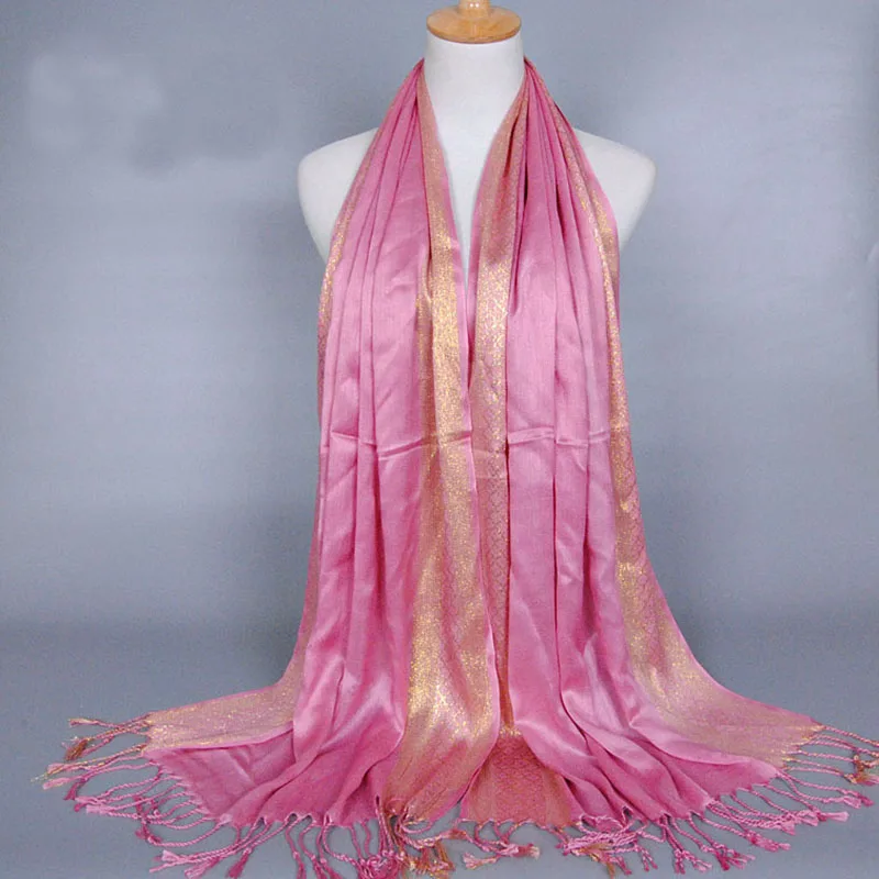 

180*60cm Summer Spring Women Gold Silk Long Soft Boho Beach Towel Tassel Scarves Shiny Muslim Thin Wraps Neck Scarf Foulard