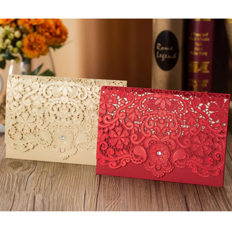  100pcs Gold Red Laser Cut Diamond Wedding Invitations Card Greeting Card Elegant Personalized Weddi