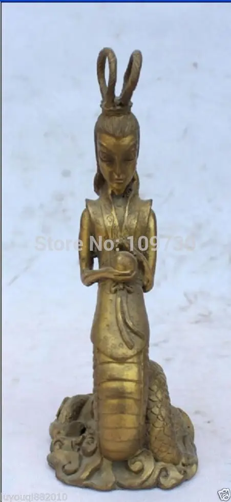 

001303 10" Chinese Pure Brass Bronze Snake goddess NuWa Naga Kanya Buddha statue