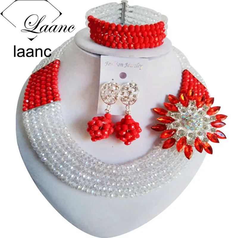 

Laanc Clear AB and Opaque Red Nigerian Wedding African Beads Jewelry Set Crystal Beaded Necklace Earrings For Women AL482