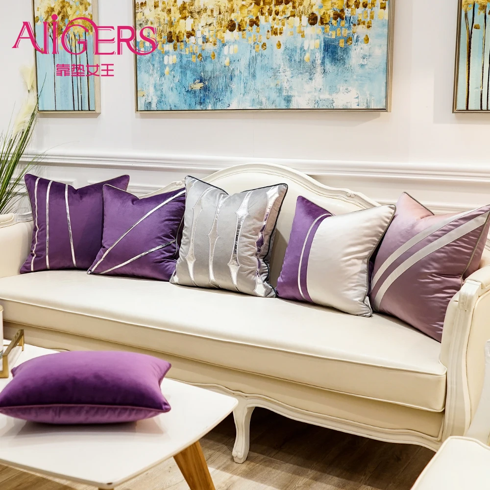 

Avigers Purple White Luxury Velvet Square Throw Pillow Cases Patchwork Striped Cushion Covers for Sofa Bedroom Living Room