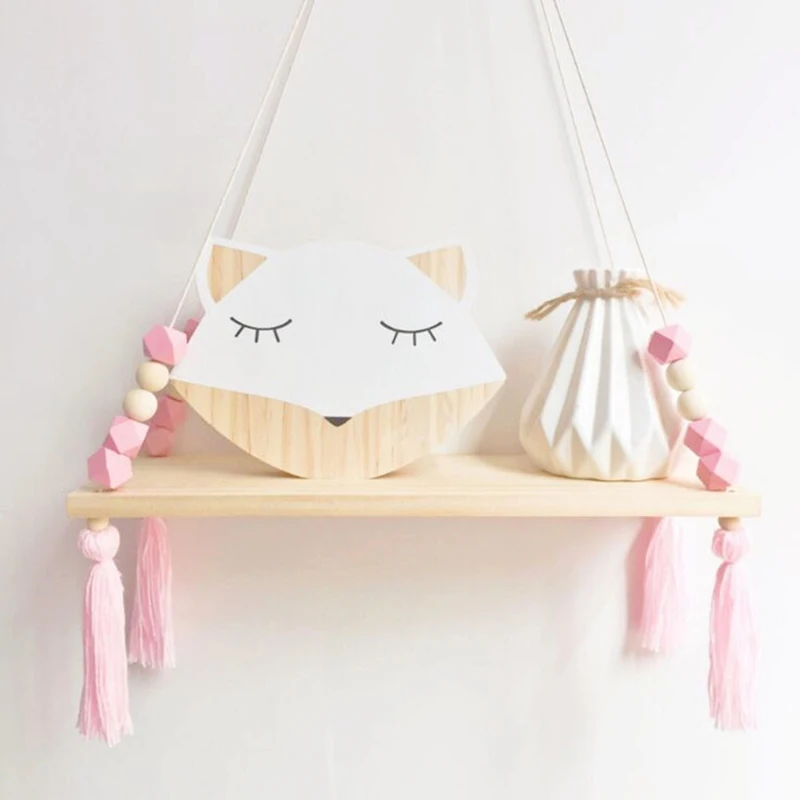 

2019 Newest Mural wall racks Hanging Wall Shelves DIY Wood Beads Hemp rope Wooden tassel girl home accessories Chic child room