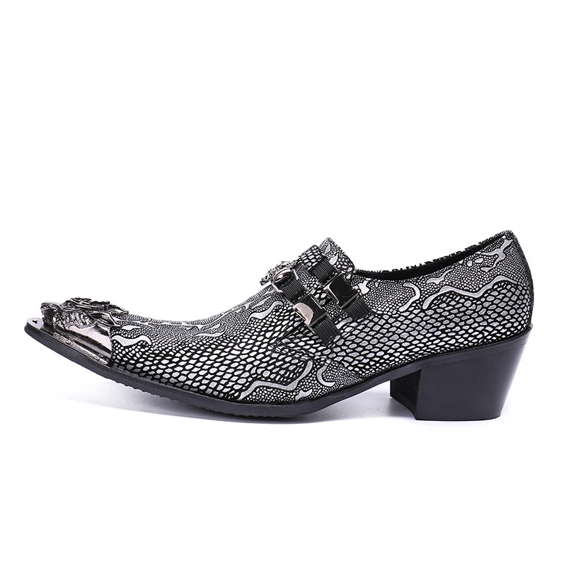 NX005 новые туфли из серебристой/золотой кожи с узором Мужские модельные туфли свадебные итальянские туфли на высоком каблуке со стальным острым носком и змеиным узором
