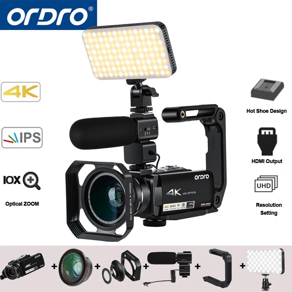 

Ordro AC7 4K UHD Digital Video Cameras Camcorders FHD 24MP 120X Digtal Zoom 10X Optical WiFi IPS Touch screen DV Mini Camcorders