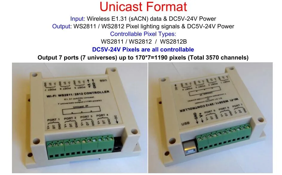 Wifi WS2811/WS2812B контроллер; беспроводной E1.31(sACN) вход данных; выход сигнала SPI(для WS2811/WS2812B пикселей