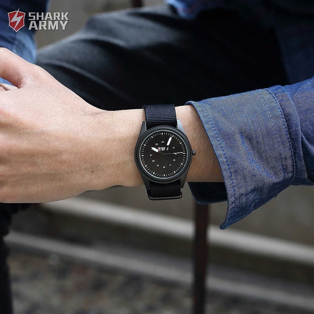 SHARK ARMY Black Steel Ultra Thin Case Luminous Men Nylon Fabric Band Quartz Wrist Watch Military Relogio Masculino Gift /SAW036